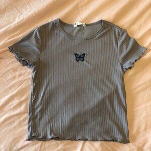 Bluenotes Mauve Ribbed Baby Tee Butterfly Patch Size Small Lettuce Edge 90s y2k